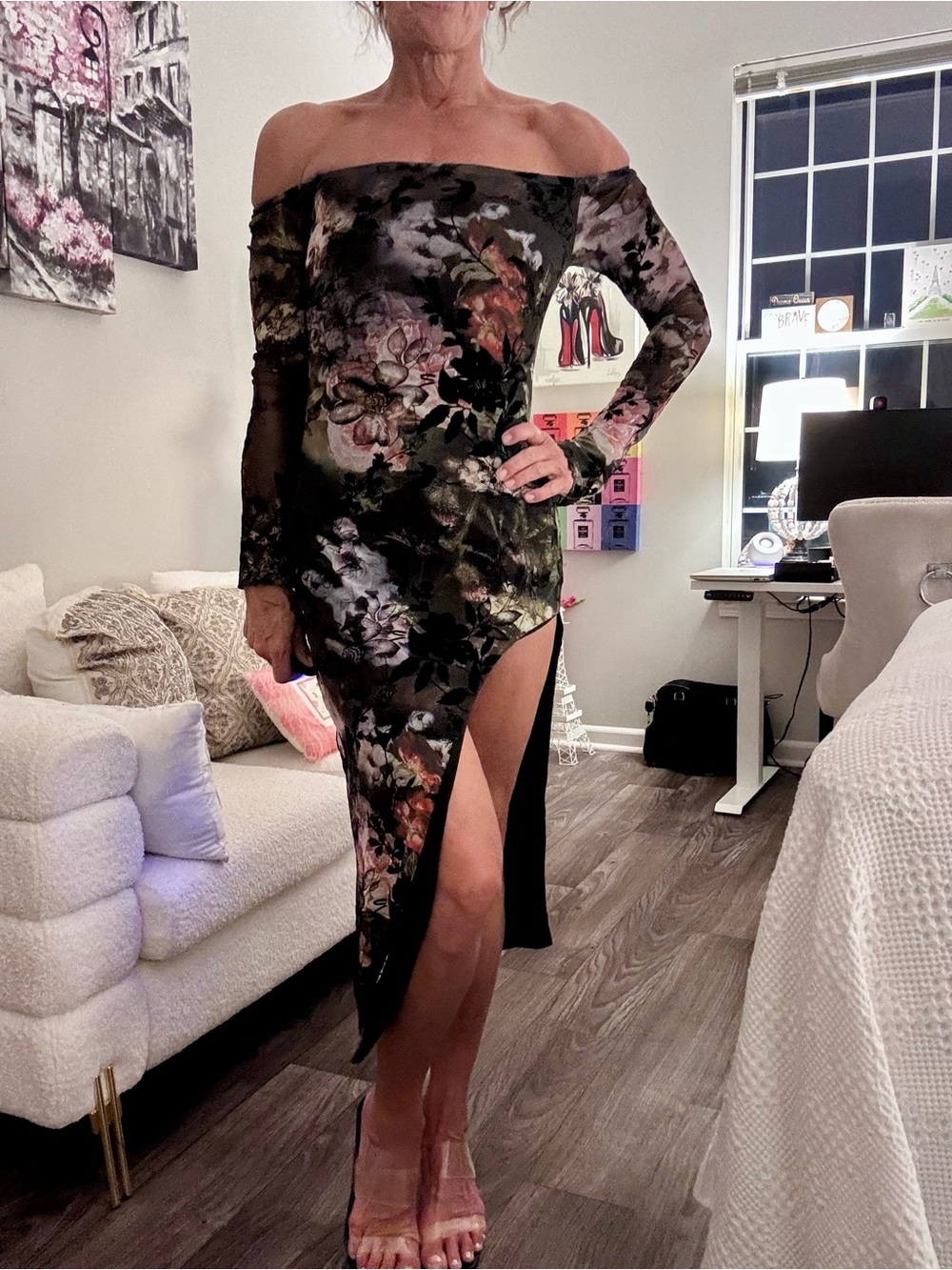 Haute Monde Black One-Shoulder Floral Midi Dress